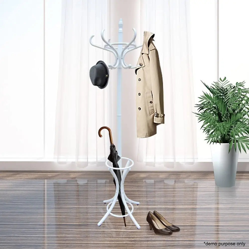 White Coat Rack with Stand Wooden Hat and 12 Hooks Hanger Walnut tree - Furniture > Living Room