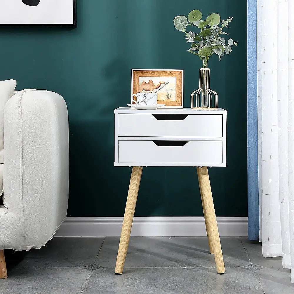 Wooden Bedside Table 2 Drawers Cabinet Storage Tall Night Stand - Furniture > Office