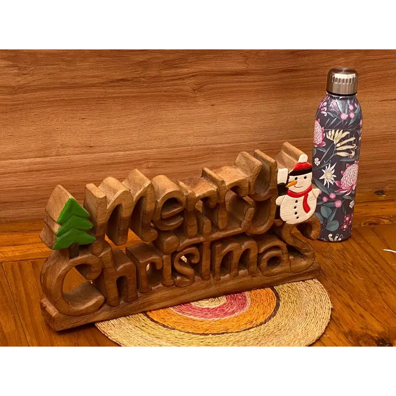 Wooden carved Merry Christmas decoration 38 cm long with Tree and Star - Occasions > Christmas > Christmas Decorations