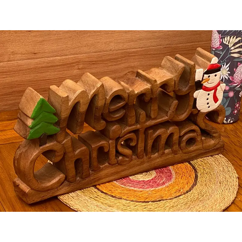 Wooden carved Merry Christmas decoration 38 cm long with Tree and Star - Occasions > Christmas > Christmas Decorations