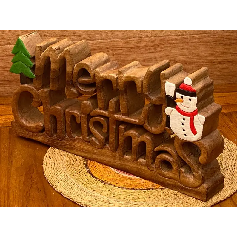 Wooden carved Merry Christmas decoration 38 cm long with Tree and Star - Occasions > Christmas > Christmas Decorations
