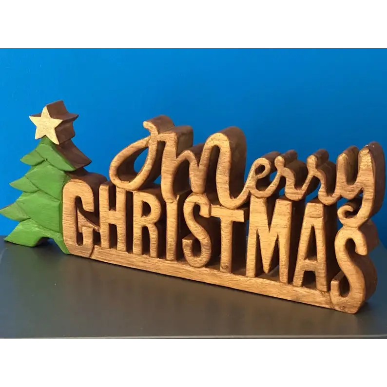 Wooden carved Merry Christmas decoration 38 cm long with Tree and Star - Occasions > Christmas > Christmas Decorations