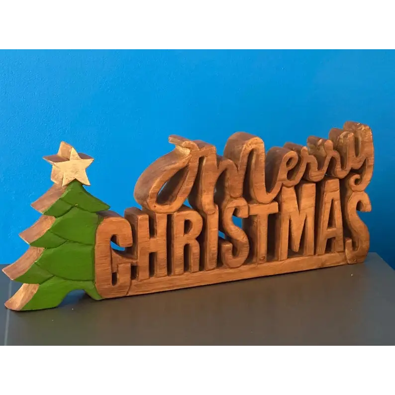 Wooden carved Merry Christmas decoration 38 cm long with Tree and Star - Occasions > Christmas > Christmas Decorations
