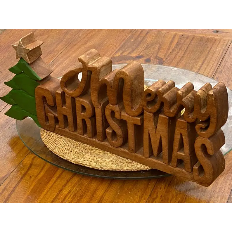 Wooden carved Merry Christmas decoration 38 cm long with Tree and Star - Occasions > Christmas > Christmas Decorations