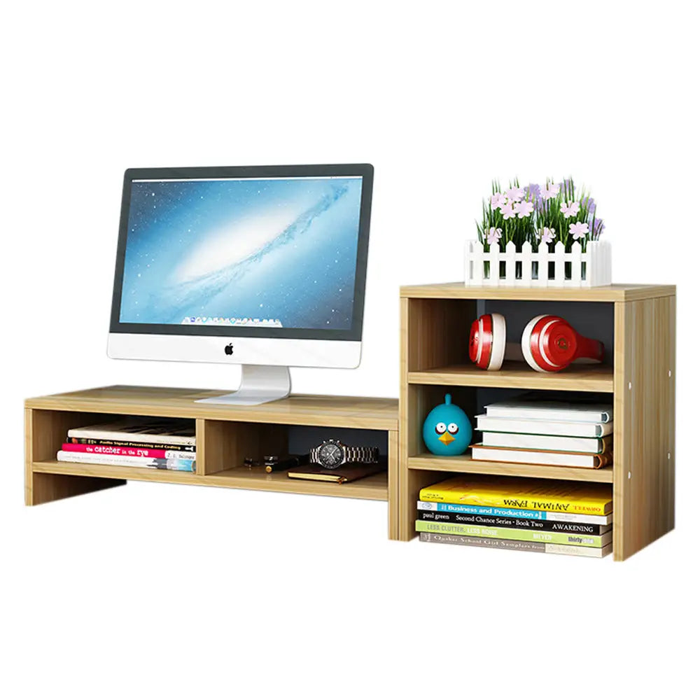 Wooden Desk Monitor Riser Stand With 3Tier Storage Shelves Desktop Bookshelf(Walnut Wood(Style 02)) - Furniture > Office