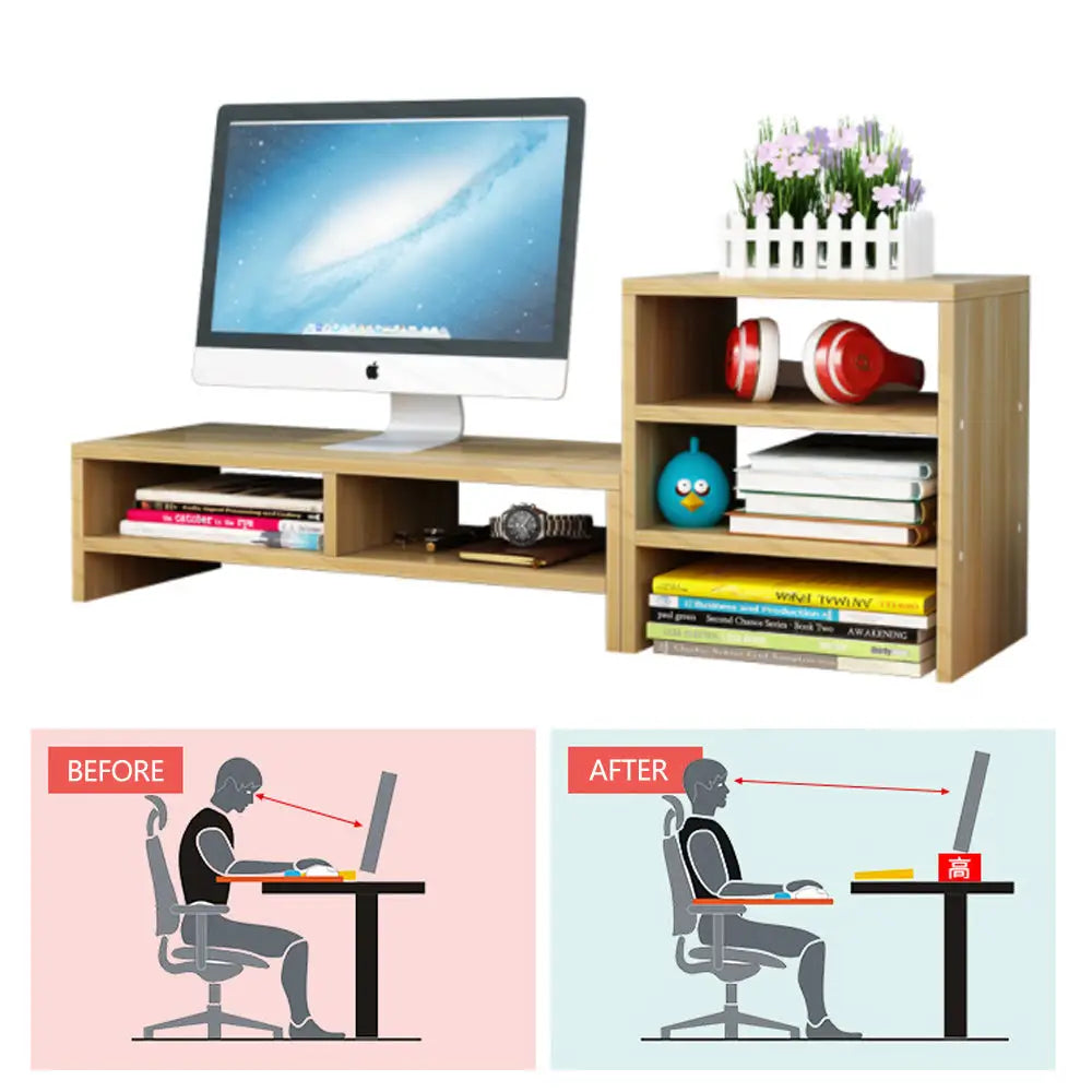 Wooden Desk Monitor Riser Stand With 3Tier Storage Shelves Desktop Bookshelf(Walnut Wood(Style 02)) - Furniture > Office