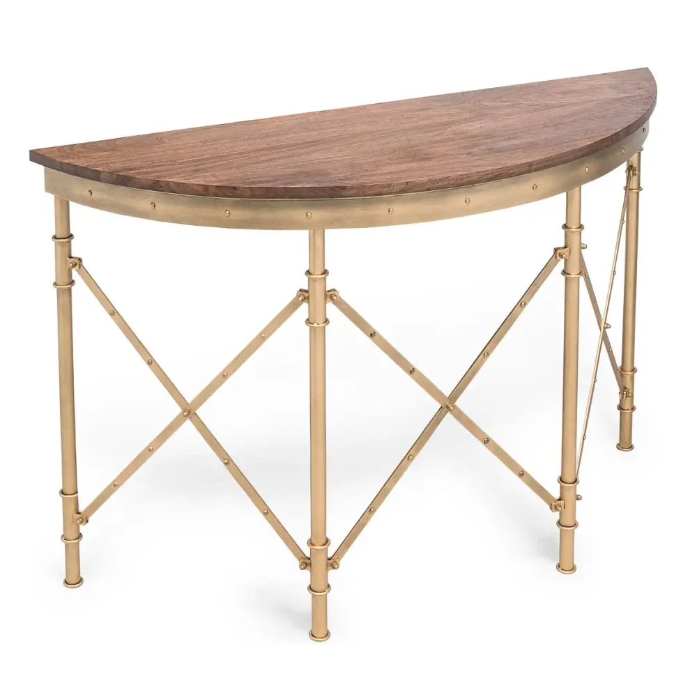 Wooden Hallway Console Table Half Round Shape in French Brass Finish - Furniture > Living Room