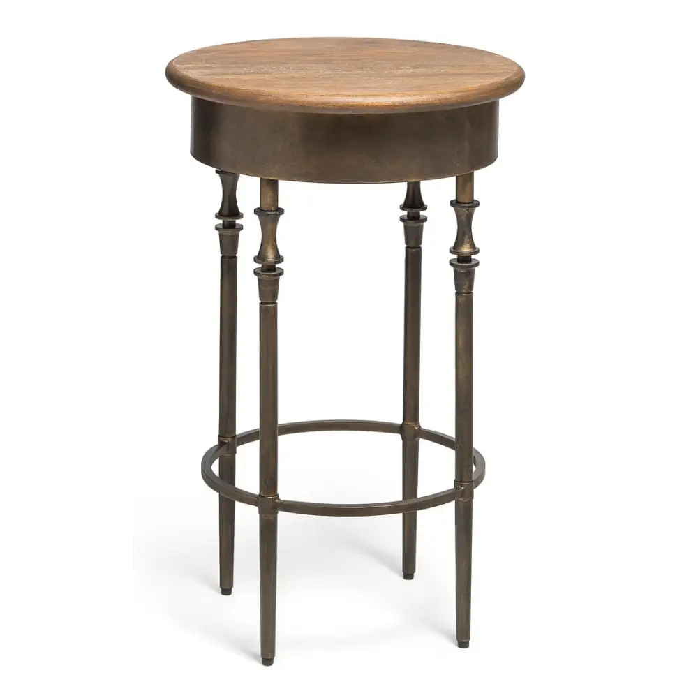 Wooden Round Side Table with Finial Legs in Dark French Brass Finish - Furniture > Living Room