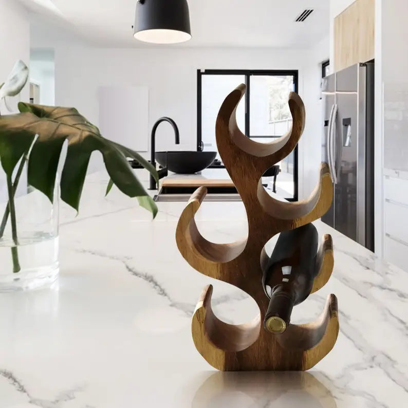 wooden Wine Rack Carved Wood 6 bottle Wine Storage-Acacia Wood handcrafted - Home & Garden > Kitchenware