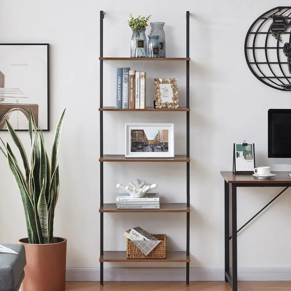 YES4HOMES Industrial Ladder Shelf Wood Wall-Mounted Bookcase Storage Rack Shelves Display - Furniture > Living Room