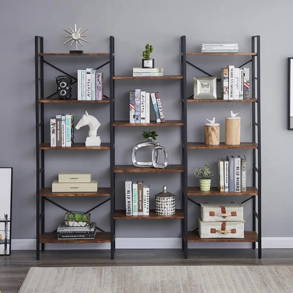 YES4HOMES Industrial Shelf Bookshelf Vintage Wood and Metal Bookcase Furniture for Home & Office - Furniture > Office