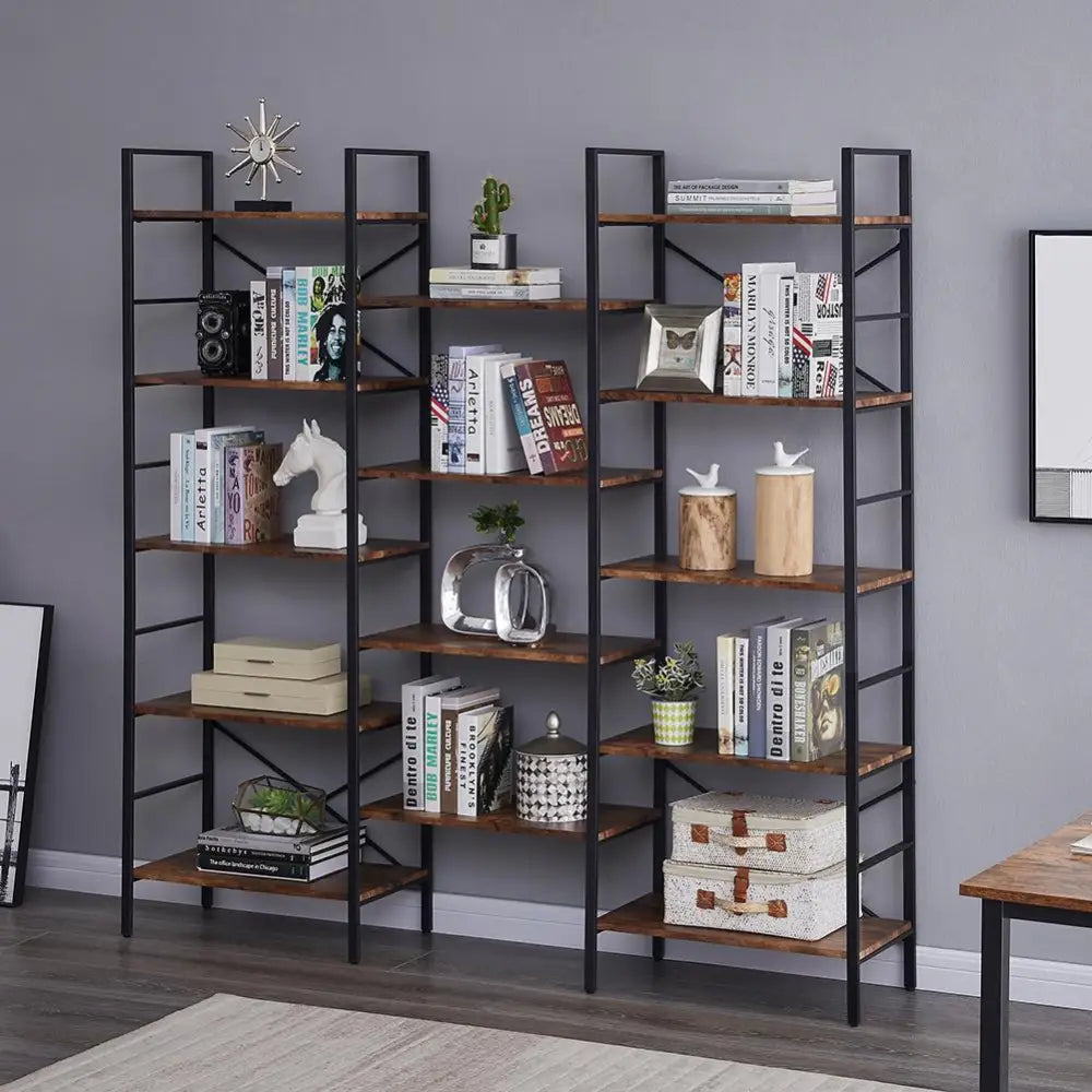 YES4HOMES Industrial Shelf Bookshelf Vintage Wood and Metal Bookcase Furniture for Home & Office - Furniture > Office