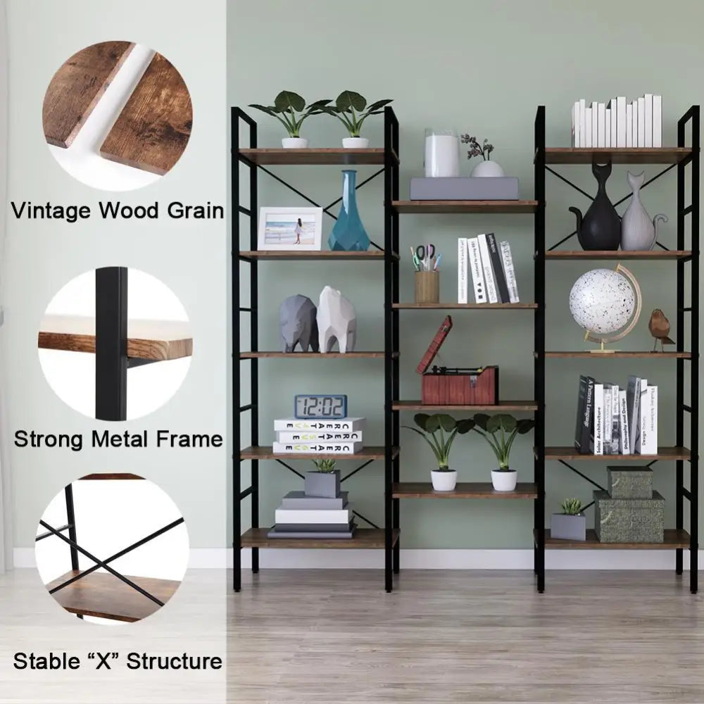 YES4HOMES Industrial Shelf Bookshelf Vintage Wood and Metal Bookcase Furniture for Home & Office - Furniture > Office