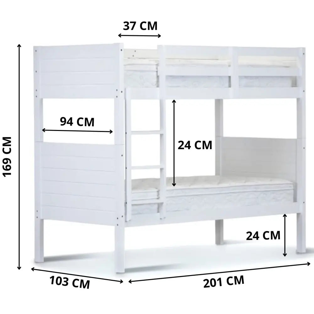 Zinnia Single Bunk Bed Frame Solid Rubber Timber Wood Loft Furniture - White - Furniture > Bedroom > Beds & Bed Frames