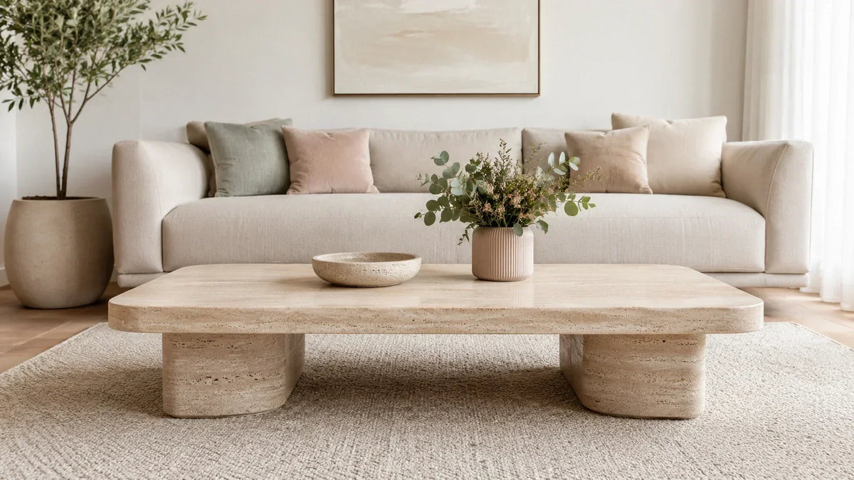 Neutral living room with a pale sofa, stone coffee table and timber tones