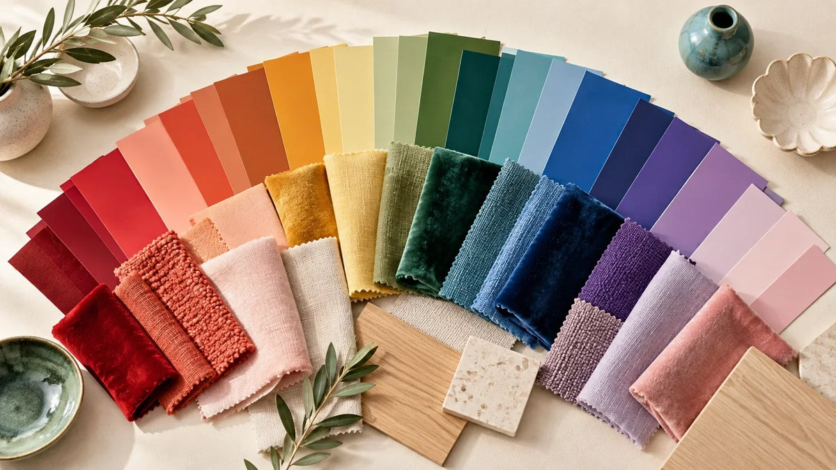 Paint swatches and textured fabric samples arranged across the colour spectrum with timber and ceramic styling accents.