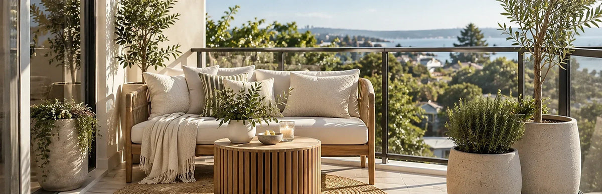 Small balcony with a timber sofa, cream cushions, a round coffee table and potted greenery.