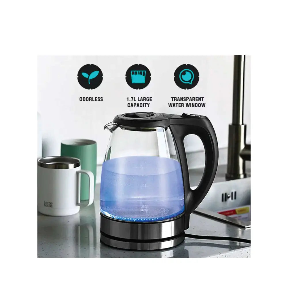 1.7L Electric Glass Kettle LED Blue Light 360 Automatic Cordless Water Boiling Jug - Appliances > Kitchen Appliances