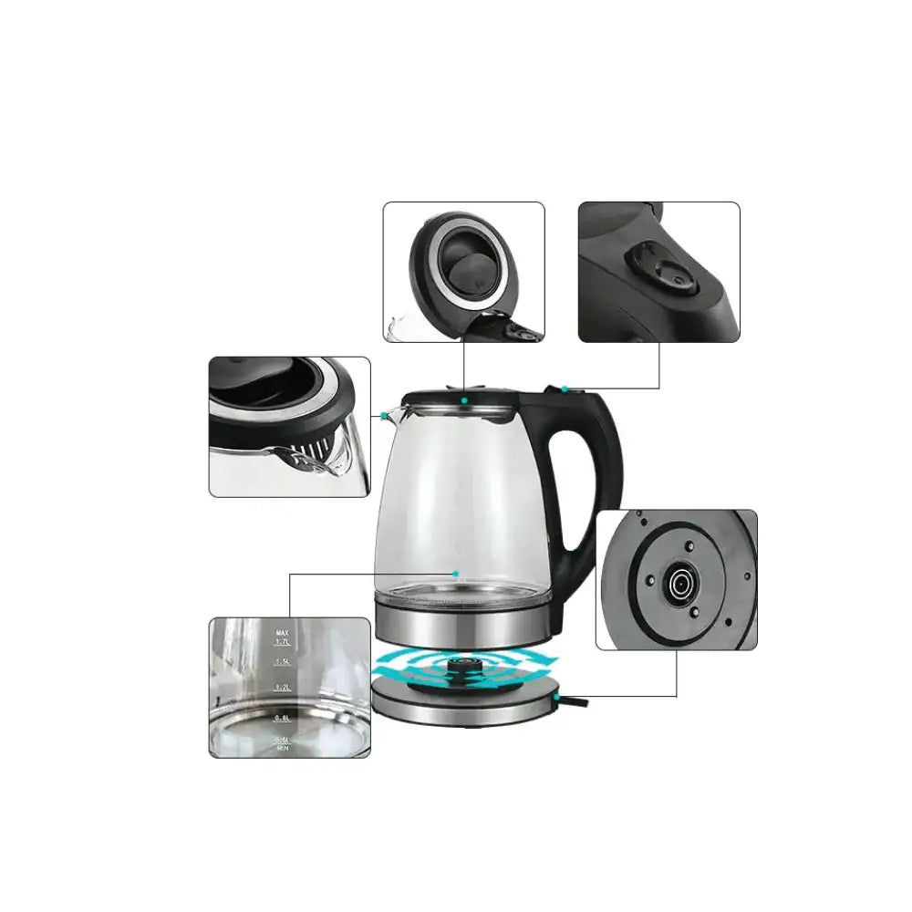 1.7L Electric Glass Kettle LED Blue Light 360 Automatic Cordless Water Boiling Jug - Appliances > Kitchen Appliances