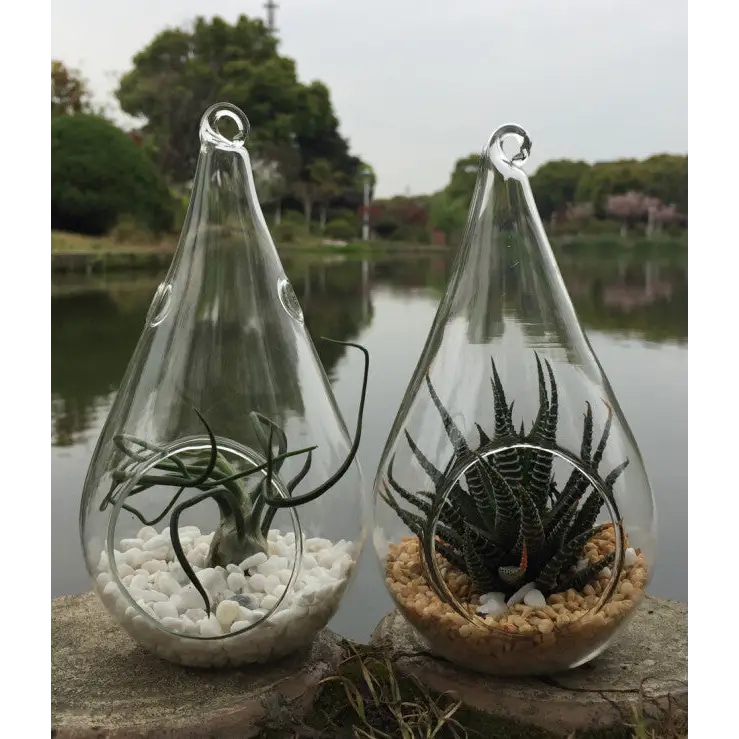 10 Pack of Hanging Clear Glass Tealight Candle Holder Tear Drop Pear Hour Glass Shape - 20cm High Terrarium Plant Mini