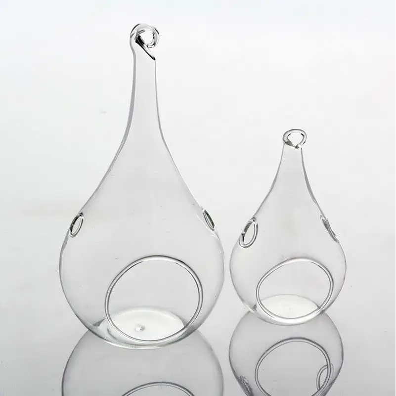 10 Pack of Hanging Clear Glass Tealight Candle Holder Tear Drop Pear Hour Glass Shape - 20cm High Terrarium Plant Mini