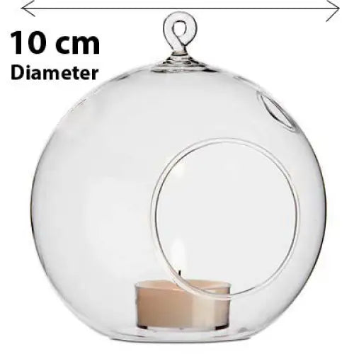 10 x Hanging Clear Glass Ball Tealight Candle Holder - 10cm Diameter / High - Wedding Globe Decoration Terrarium