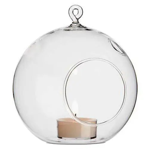 10 x Hanging Clear Glass Ball Tealight Candle Holder - 10cm Diameter / High - Wedding Globe Decoration Terrarium