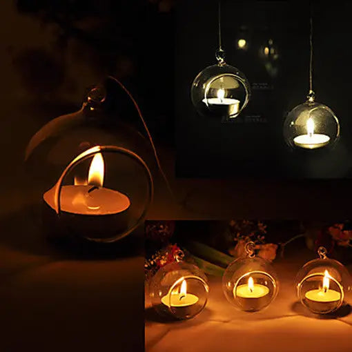 10 x Hanging Clear Glass Ball Tealight Candle Holder - 10cm Diameter / High - Wedding Globe Decoration Terrarium