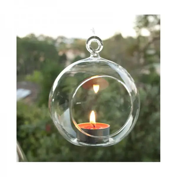 10 x Hanging Clear Glass Ball Tealight Candle Holder - 10cm Diameter / High - Wedding Globe Decoration Terrarium