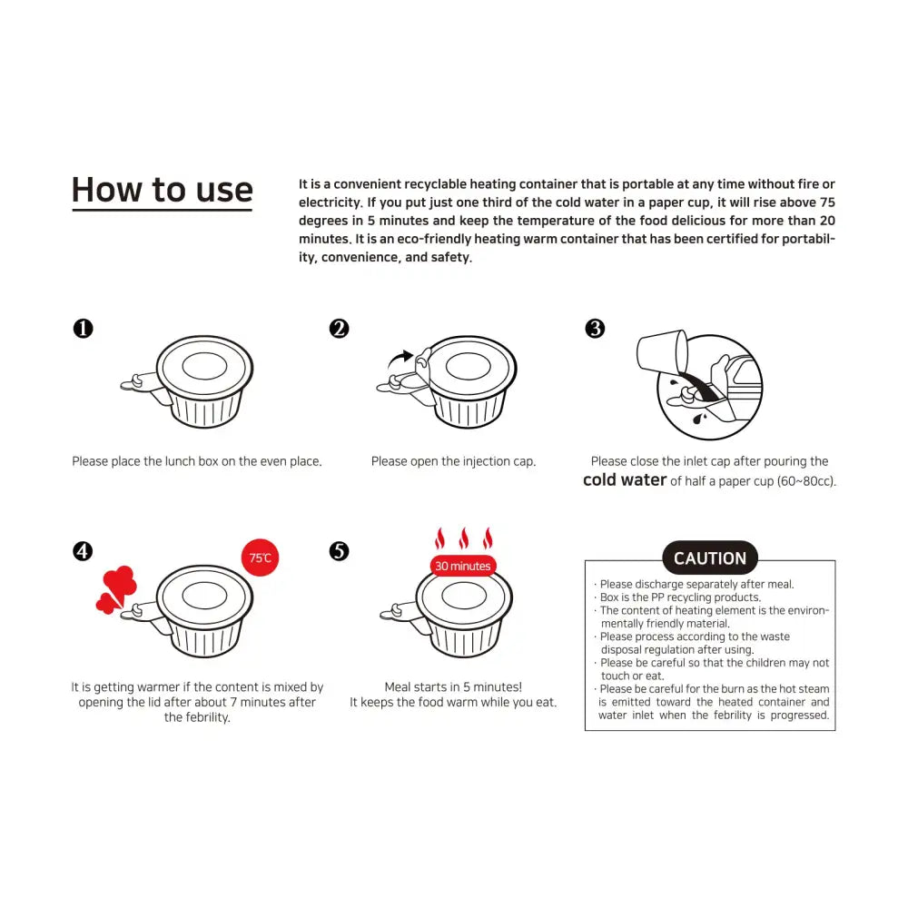 Instruction diagram for 100 Pack Dalat Heating Lunch Box Container and Heating Bag use