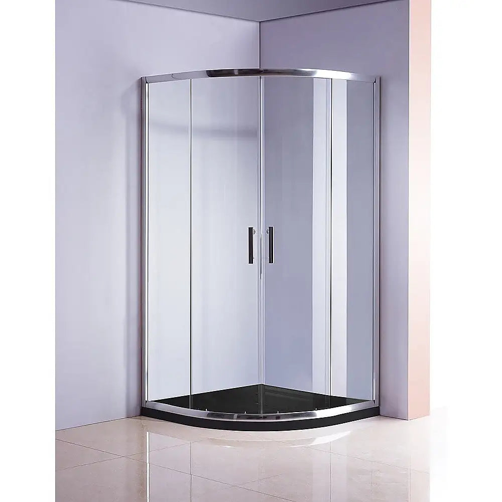 100 x 100cm Chrome Rounded Sliding 6mm Curved Shower Screen with Black Base - Furniture > Bathroom > Shower Heads &