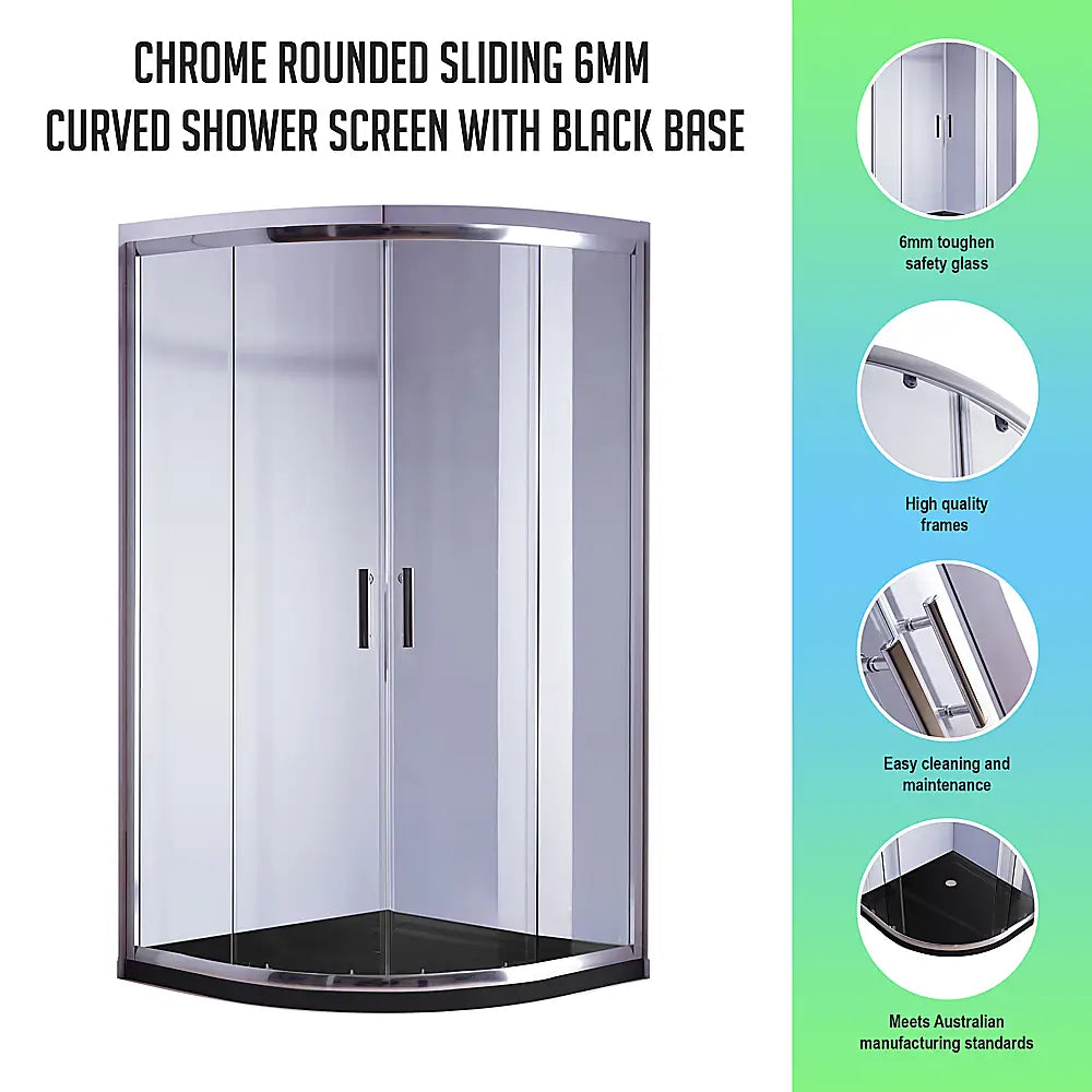 100 x 100cm Chrome Rounded Sliding 6mm Curved Shower Screen with Black Base - Furniture > Bathroom > Shower Heads &