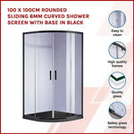 100 x 100cm Rounded Sliding 6mm Curved Shower Screen with Base in Black - Furniture > Bathroom > Shower Heads & Screens