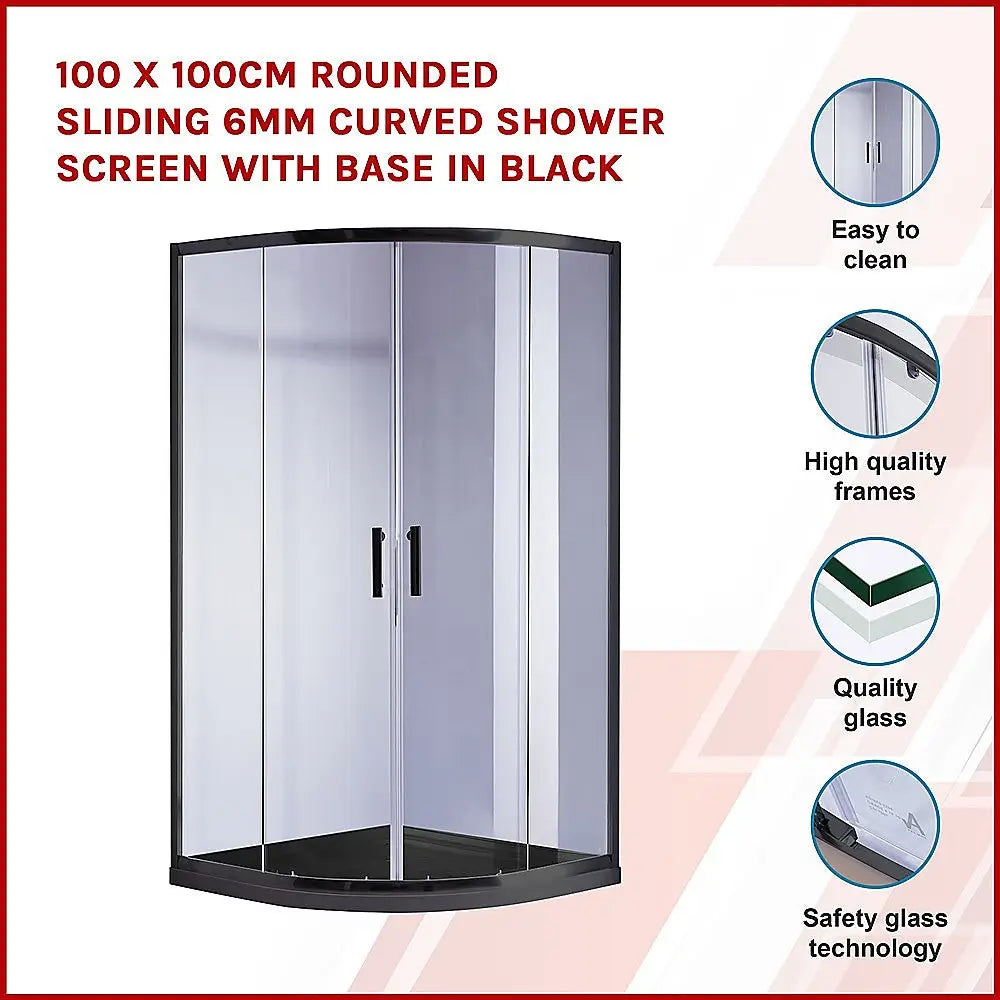 100 x 100cm Rounded Sliding 6mm Curved Shower Screen with Base in Black - Furniture > Bathroom > Shower Heads & Screens