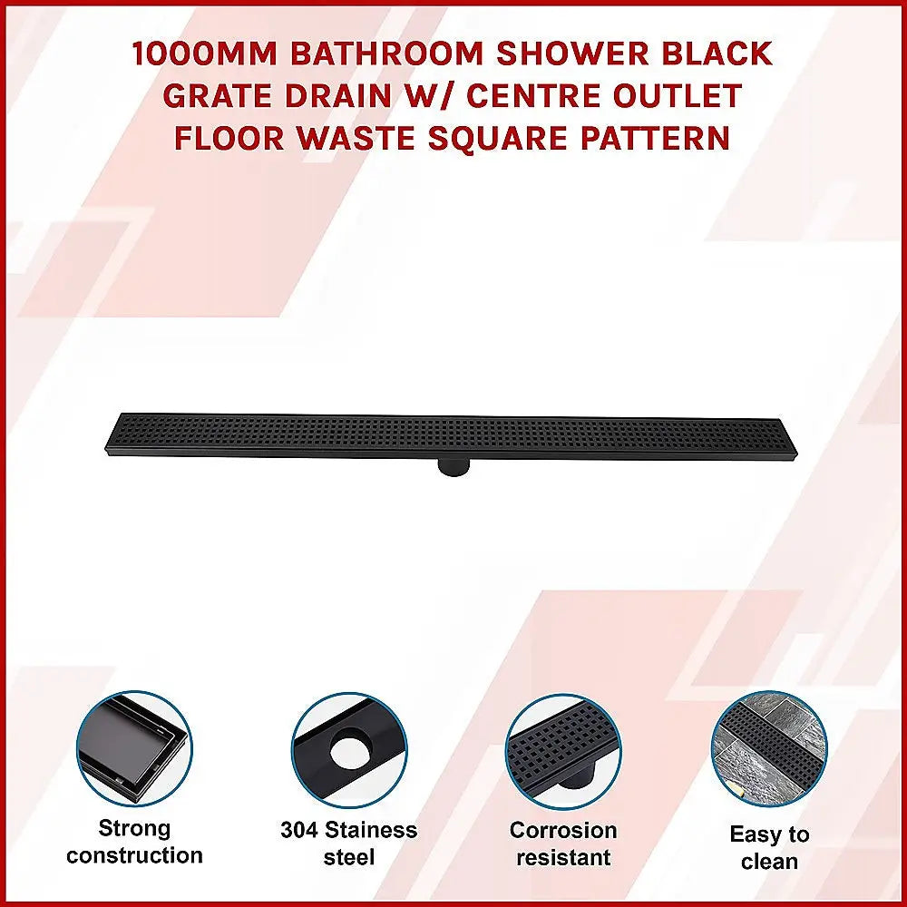 1000mm Bathroom Shower Black Grate Drain w/Centre outlet Floor Waste Square Pattern - Home & Garden > DIY > Kitchen &