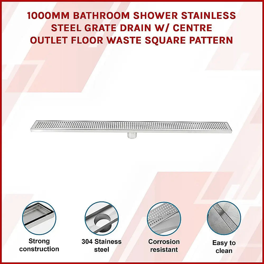1000mm Bathroom Shower Stainless Steel Grate Drain w/Centre outlet Floor Waste Square Pattern - Home & Garden > DIY >