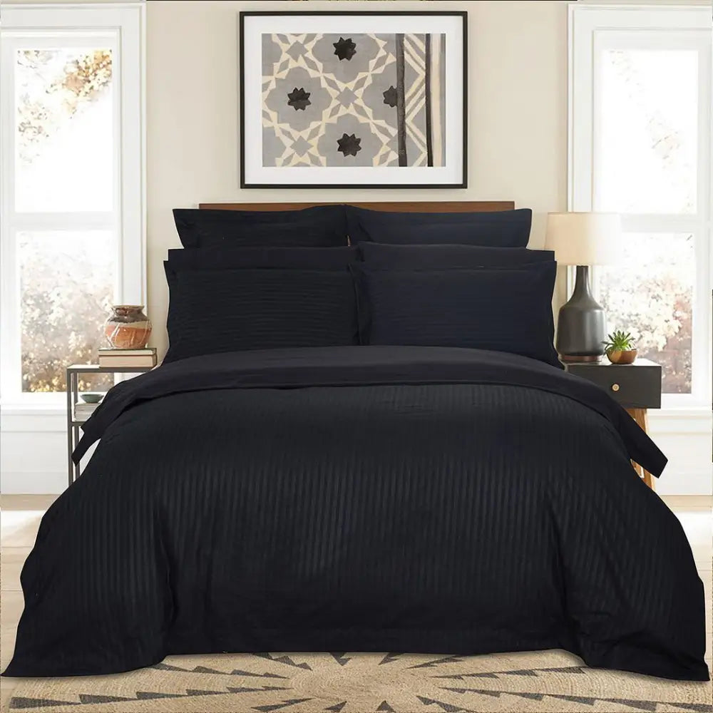 1000TC Ultra Soft Striped King Size Black Duvet Quilt Cover Set - Home & Garden > Bedding