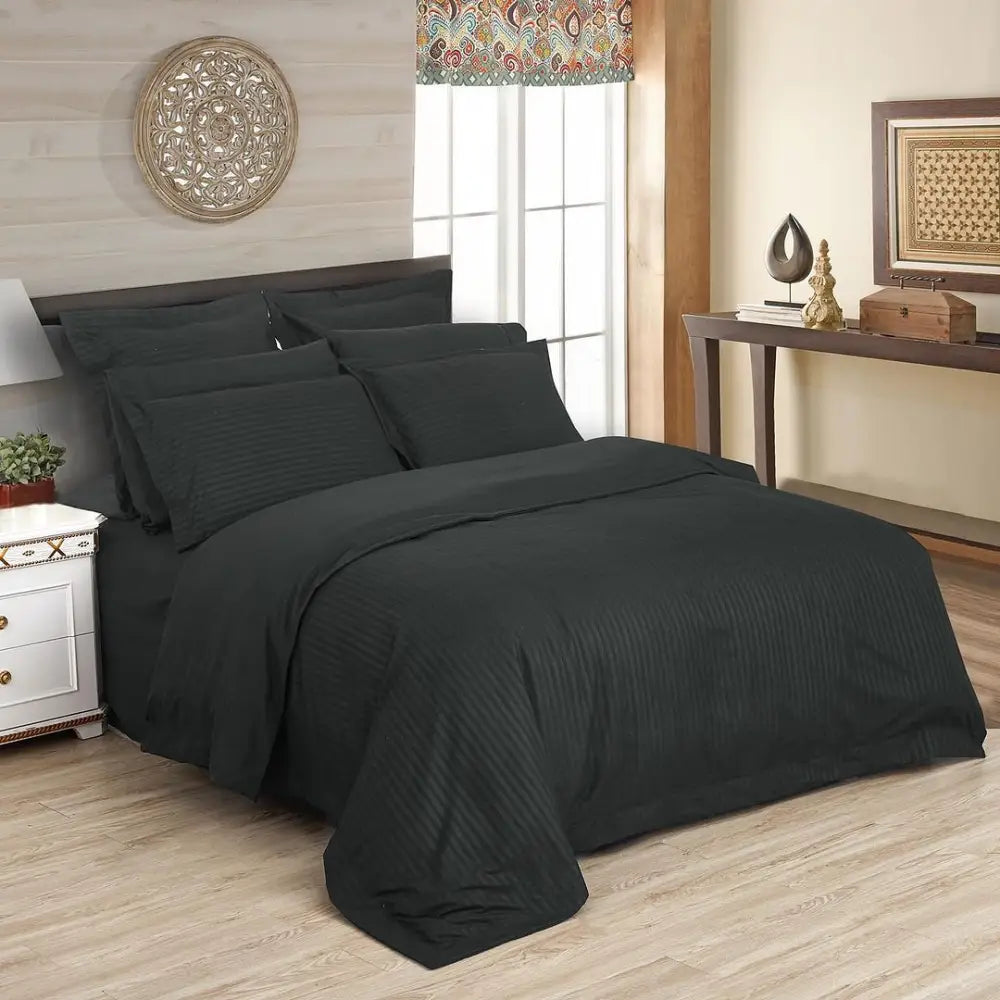 1000TC Ultra Soft Striped King Size Charcoal Duvet Quilt Cover Set - Home & Garden > Bedding