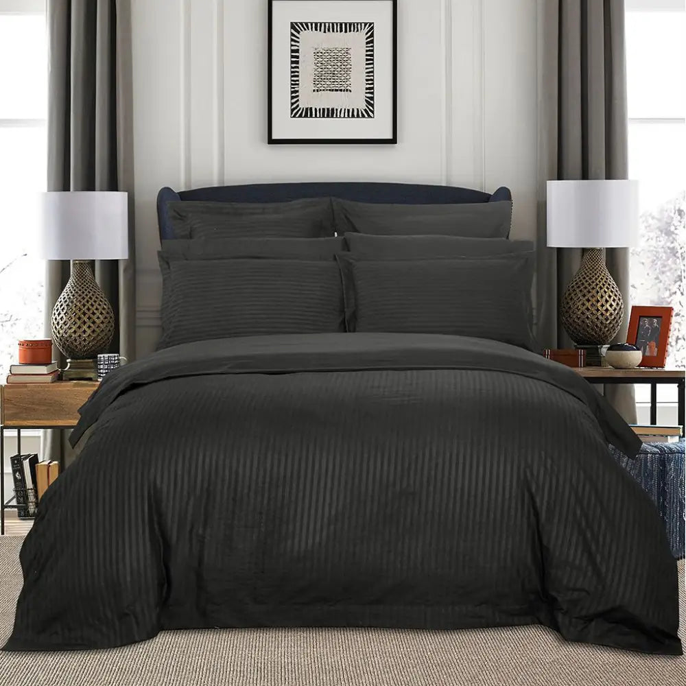 1000TC Ultra Soft Striped King Size Charcoal Duvet Quilt Cover Set - Home & Garden > Bedding