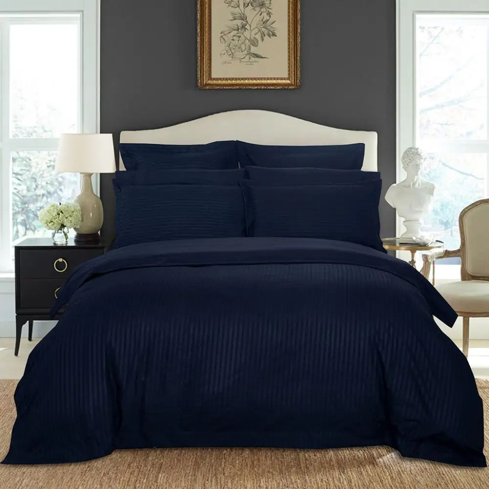 1000TC Ultra Soft Striped King Size Midnight Blue Duvet Quilt Cover Set - Home & Garden > Bedding