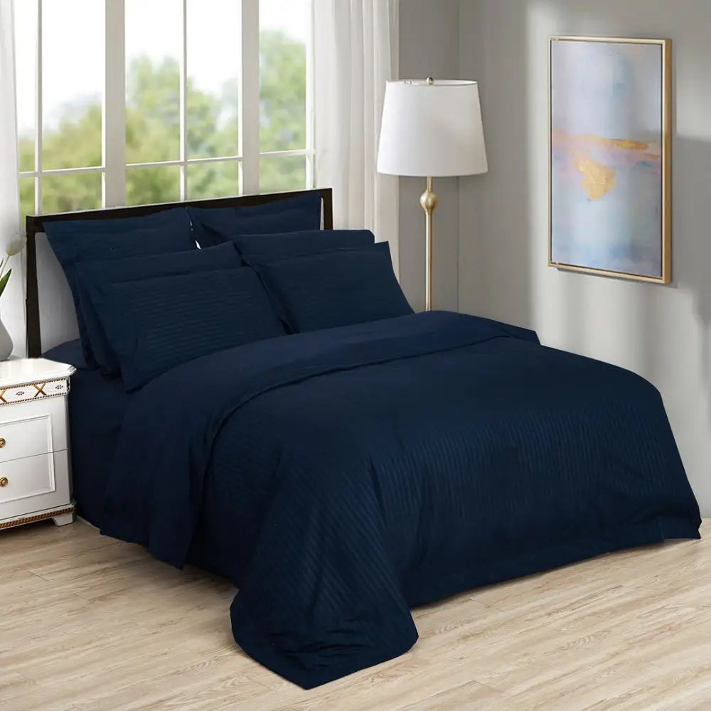 1000TC Ultra Soft Striped King Size Midnight Blue Duvet Quilt Cover Set - Home & Garden > Bedding