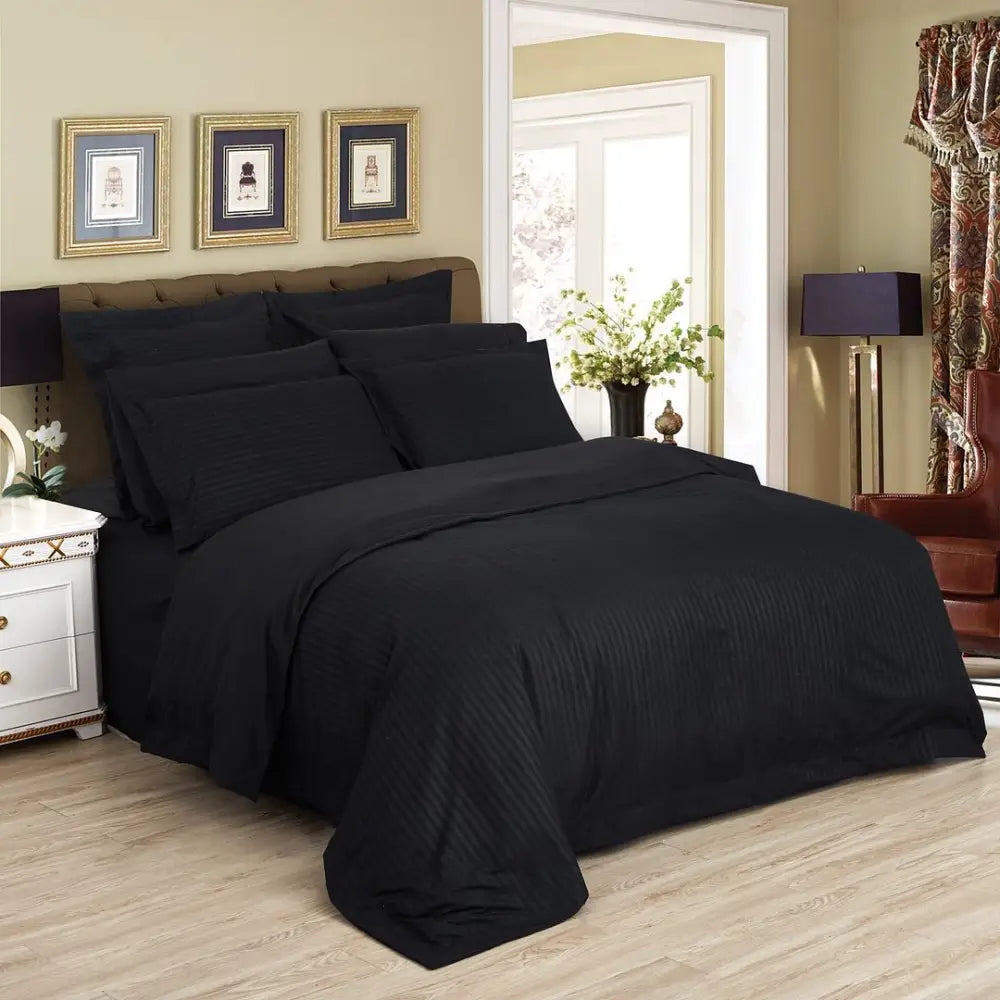 1000TC Ultra Soft Striped Queen Size Black Duvet Quilt Cover Set - Home & Garden > Bedding