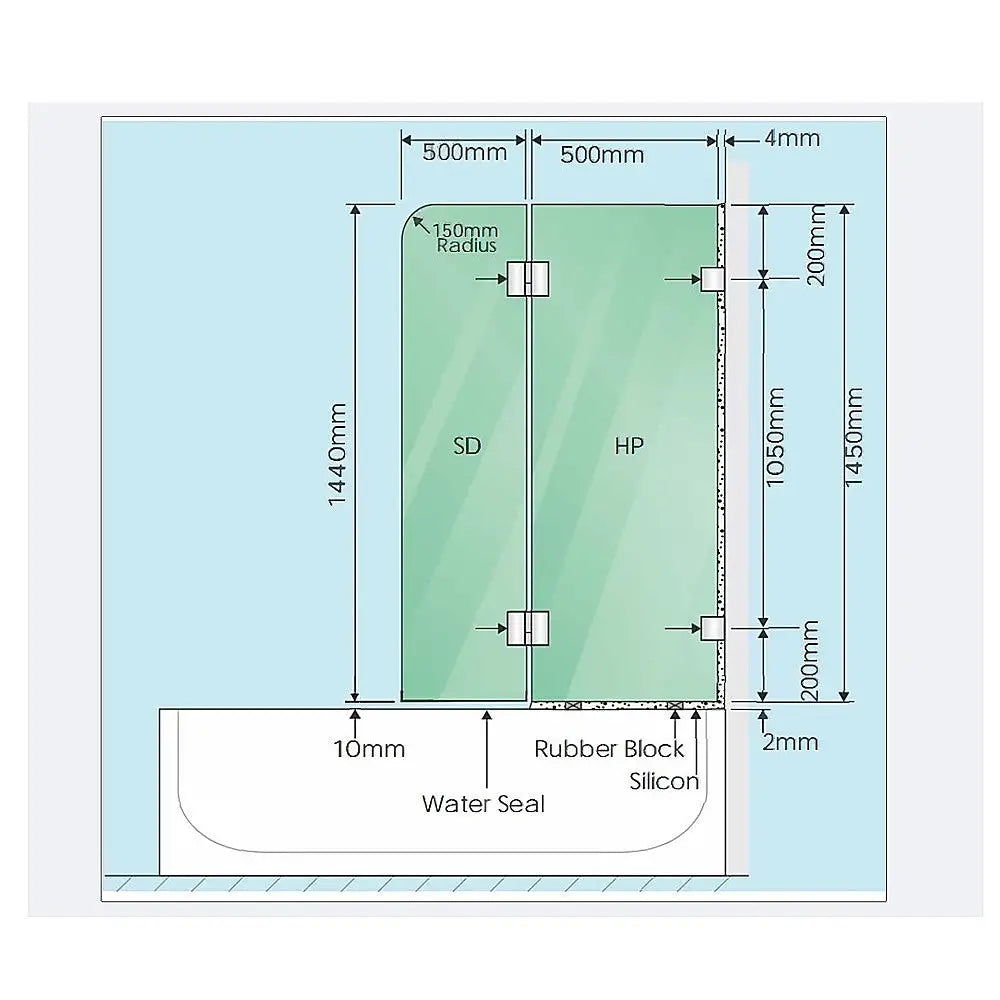 100cm Frameless Glass Bath Screen with Stainless Steel Brackets - White - Furniture > Bathroom > Shower Heads & Screens