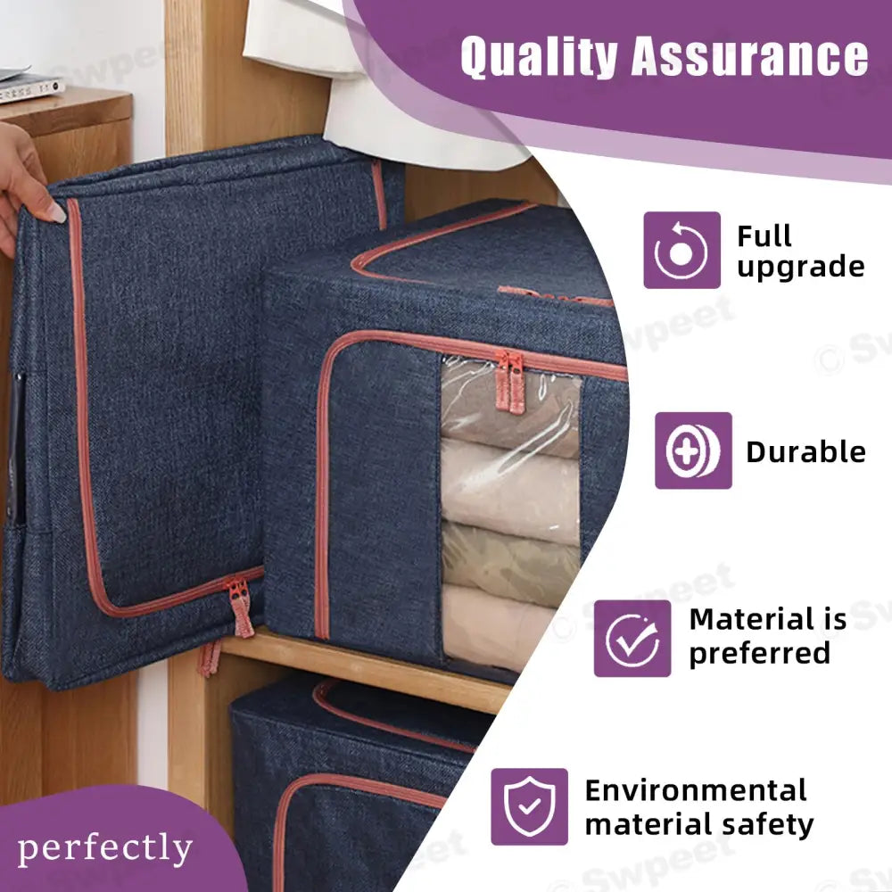 100L Cloth Storage Box Closet Organizer Storage Bags Clothes Storage Bags Wardrobe Organizer Idea Grey Blue - Home &