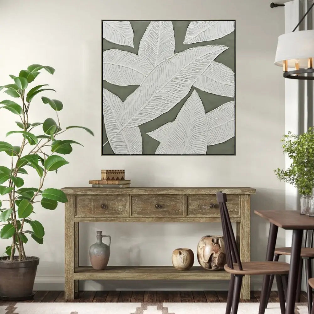 100X100cm Emerald Oasis: Leaves of Serenity Champagne Framed Hand Painted Canvas Wall Art - Home & Garden > Wall Art