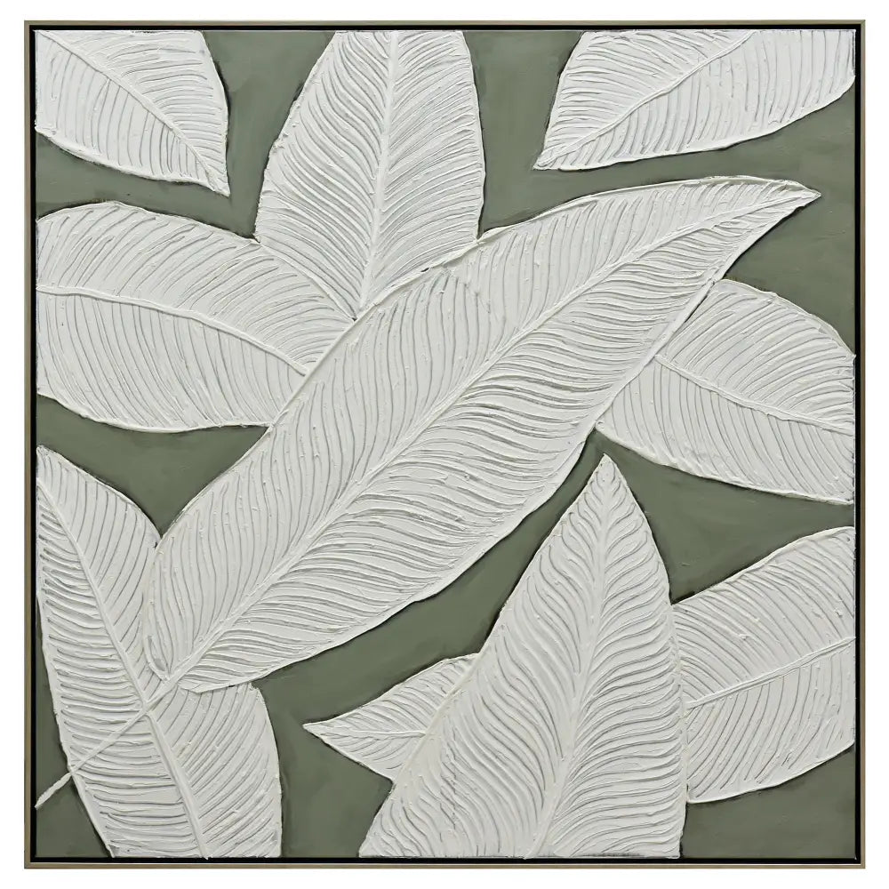 100X100cm Emerald Oasis: Leaves of Serenity Champagne Framed Hand Painted Canvas Wall Art - Home & Garden > Wall Art