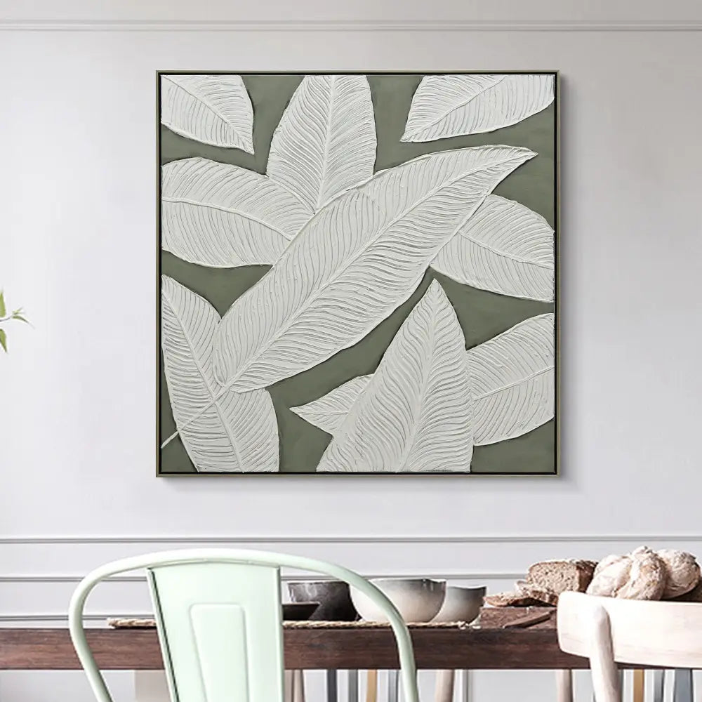 100X100cm Emerald Oasis: Leaves of Serenity Champagne Framed Hand Painted Canvas Wall Art - Home & Garden > Wall Art