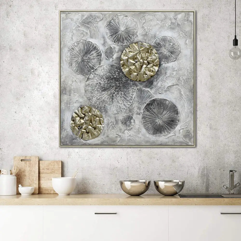 100X100cm Golden Orbs Amidst Ethereal Mists Light Wood Framed Hand Painted Canvas Wall Art - Home & Garden > Wall Art