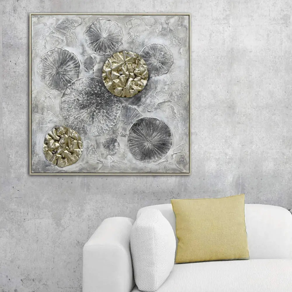 100X100cm Golden Orbs Amidst Ethereal Mists Light Wood Framed Hand Painted Canvas Wall Art - Home & Garden > Wall Art