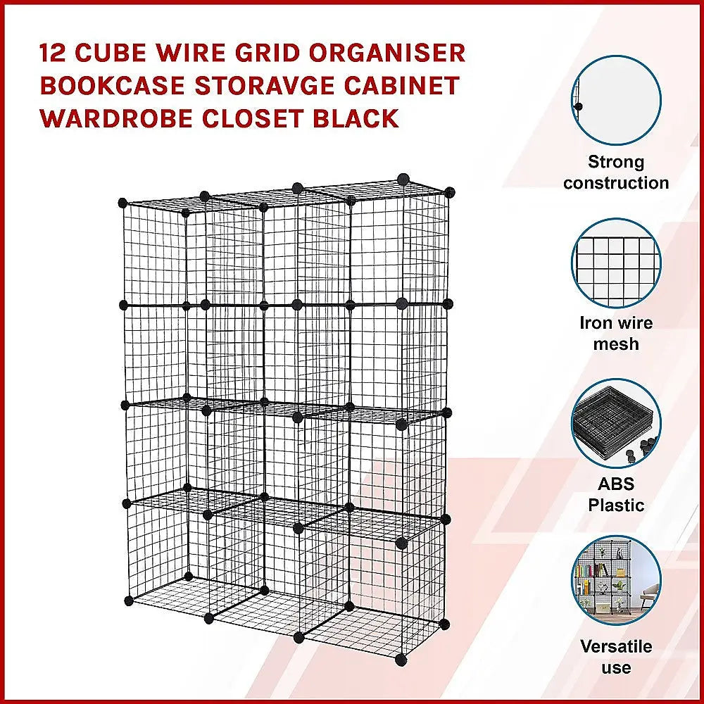 12 Cube Wire Grid Organiser Bookcase Storage Cabinet Wardrobe Closet Black - Furniture > Office